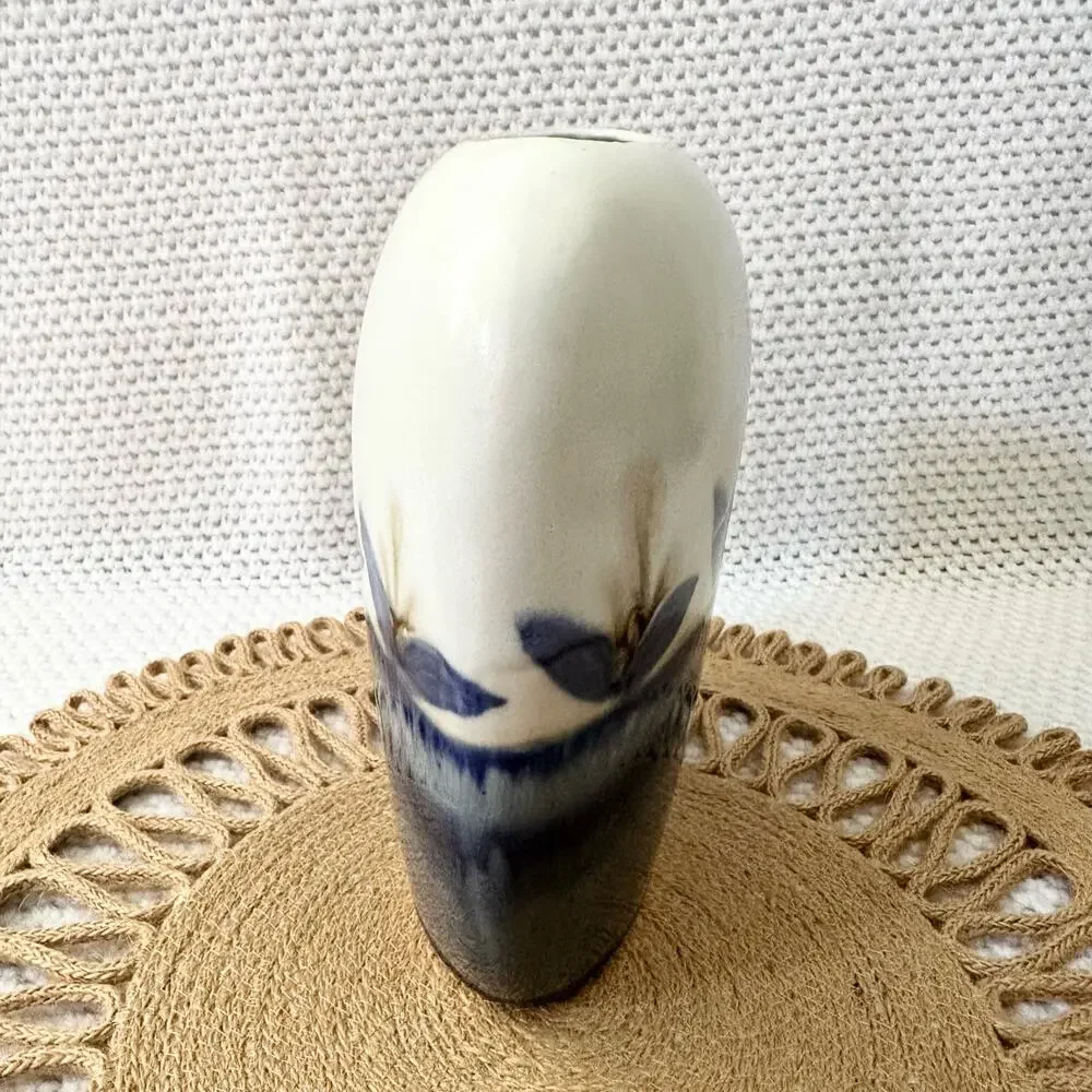 Signed Burslem 2006 Blue Cream Ceramic Glazed Slim Oval Floral Pottery Vase